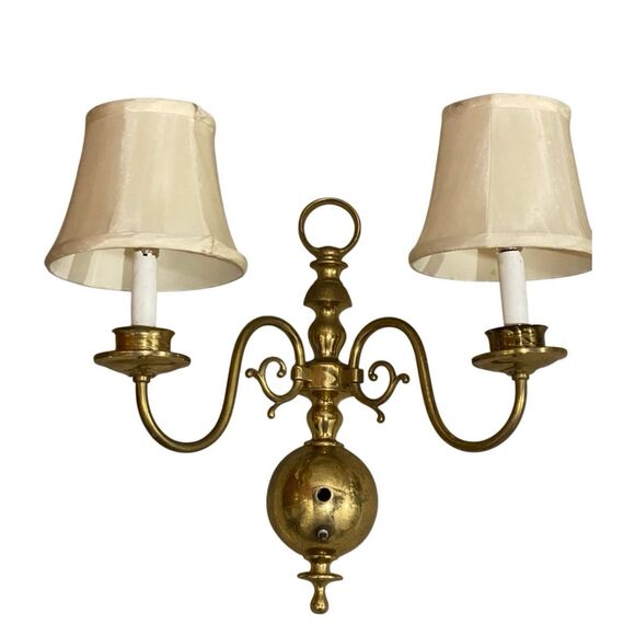 Vintage Brass Wall Light Fixture Sconce Dutch DoubleLight with Shades